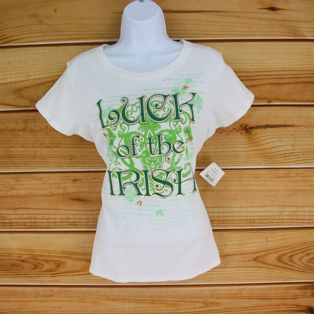 Luck of the Irish T-Shirt Womens M (8-10) White Green 100% Cotton Short Sleeve